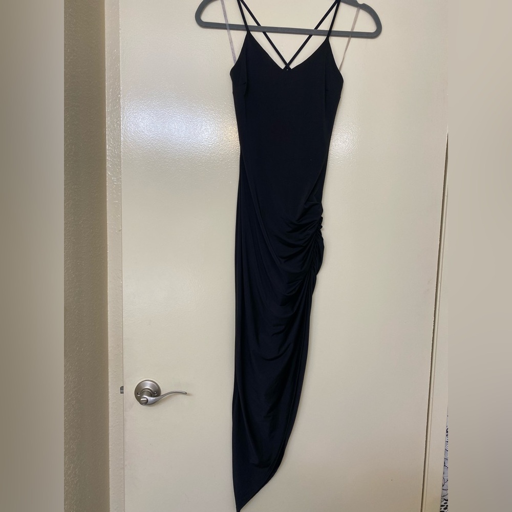 GLARE black asymmetrical midi bodycon dress